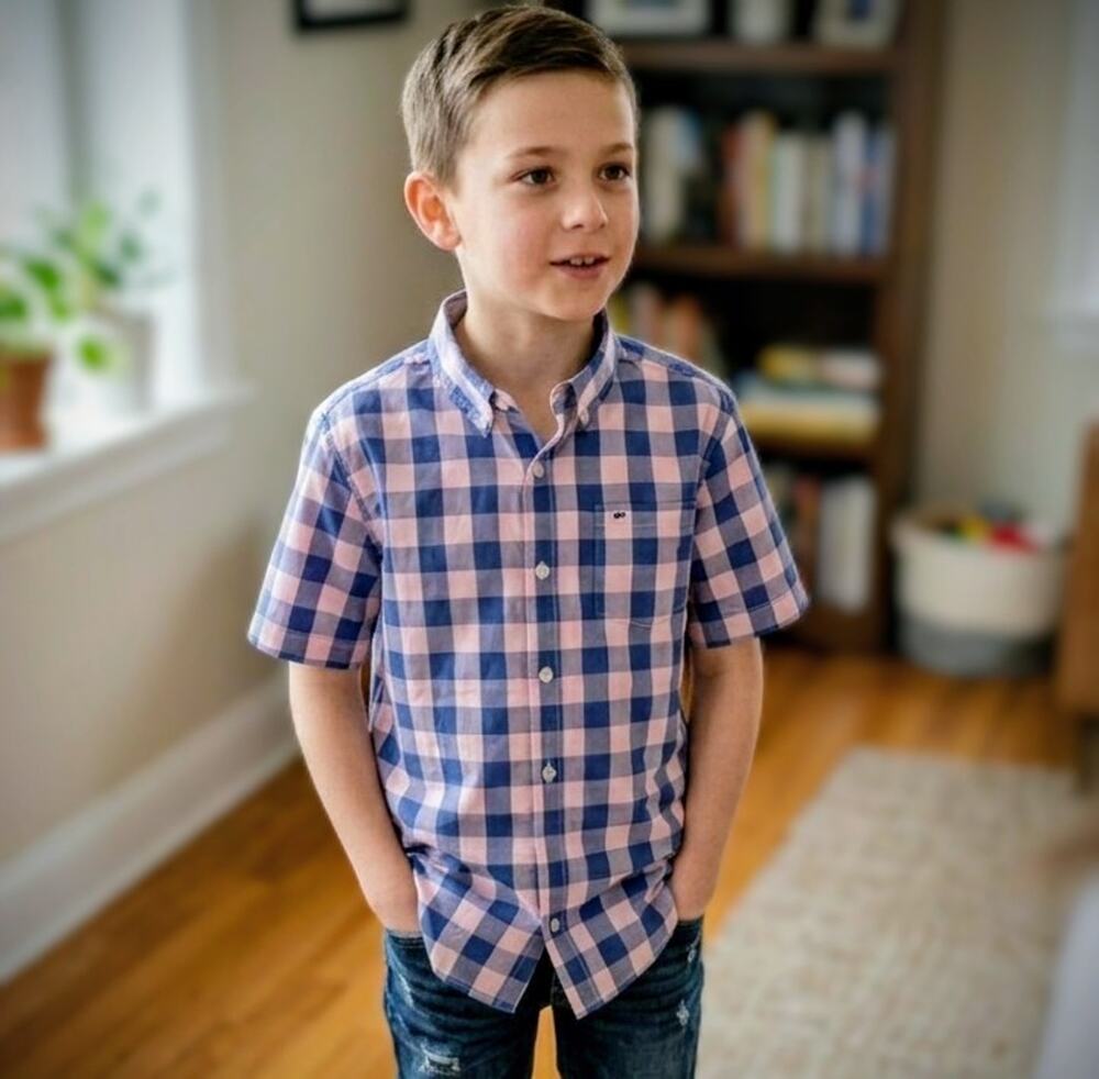 Crown & Ivy Boys XL Shirt Blue Pink Gingham Plaid Short Sleeve Belk 4581257